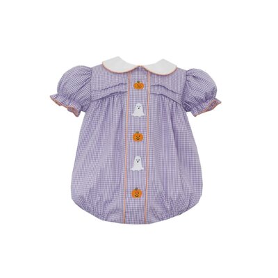 Anavini Halloween Purple Gingham Girls Short Bubble W/ Orange Trim SS