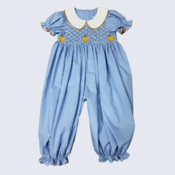 Delaney Pumpkin Blue Gingham Smocked Girl Long Romper