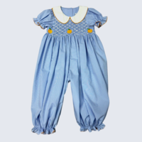 Delaney Pumpkin Blue Gingham Smocked Girl Long Romper