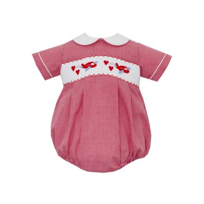Anavini Valentines Planes Boys Red Gingham Short Bubble w/ LS