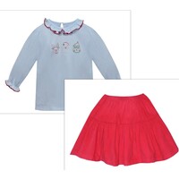 Remember Nguyen Christmas Blue Emma Blouse/Red Cord Skirt Set