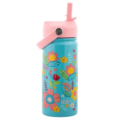 Insulated Stainless Bottle w/Handle- Turquoise Floral