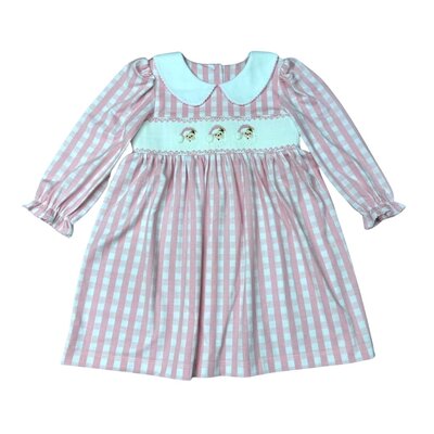 Delaney Santa Pink Gingham Check Knit Smocked Christmas Dress