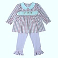 Delaney Santa Pink Gingham Check Knit Smocked Christmas Pant Set
