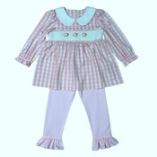 Delaney Santa Pink Gingham Check Knit Smocked Christmas Pant Set