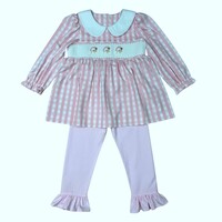 Delaney Santa Pink Gingham Check Knit Smocked Christmas Pant Set