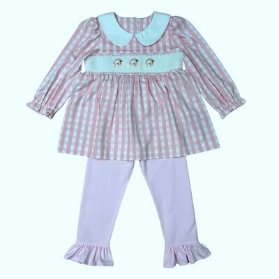 Delaney Santa Pink Gingham Check Knit Smocked Christmas Pant Set