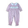 Delaney Santa Pink Gingham Check Knit Smocked Christmas Long Romper