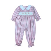 Delaney Santa Pink Gingham Check Knit Smocked Christmas Long Romper
