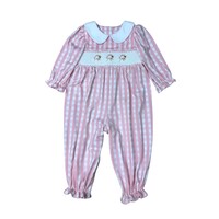 Delaney Santa Pink Gingham Check Knit Smocked Christmas Long Romper
