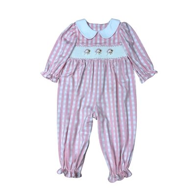 Delaney Santa Pink Gingham Check Knit Smocked Christmas Long Romper