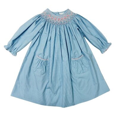 Delaney Tiny Flowers Blue Gingham Smocked Bishop