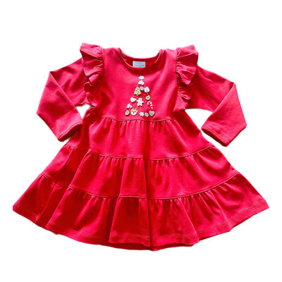Squiggles Holiday Charms Red LS Tiered Dress