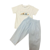 Lulu Bebe Pumpkin Harvest Smocked Pant Set Blue Gingham