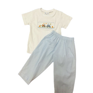 Lulu Bebe Pumpkin Harvest Smocked Pant Set Blue Gingham