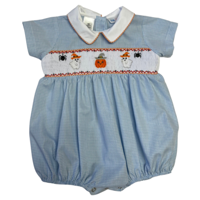 Lulu Bebe Halloween Smocked Boy Bubble Blue Gingham