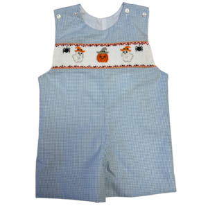 Lulu Bebe Halloween Smocked Shortall Blue Gingham