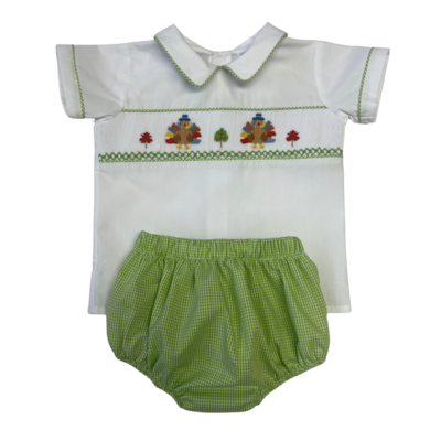 Lulu Bebe Turkey Smocked White Collar Boy Bloomer Set
