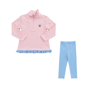 Itsy Bitsy Strawberries Zip Ruffle Pullover and Cornflower Leggings Set