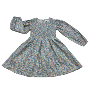 Lulu Bebe Blue Flower LS Smocked Bodice Dress