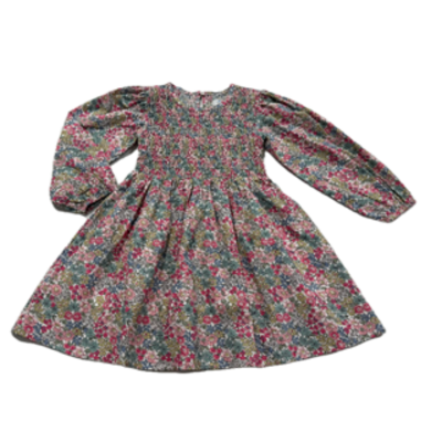Lulu Bebe Pink Flower LS Smocked Bodice Dress