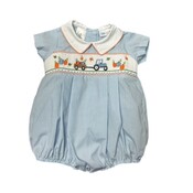 Lulu Bebe Pumpkin Harvest Smocked Lt Blue Gingham Boy Pleated Bubble