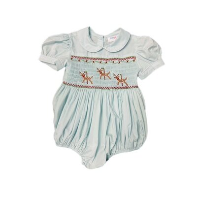Lulu Bebe Lt Blue Reindeer Smocked Bodice Bubble