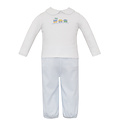Petit Bebe Train Lt Blue Gingham Knit Pant Set