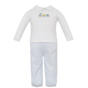 Petit Bebe Train Lt Blue Gingham Knit Pant Set