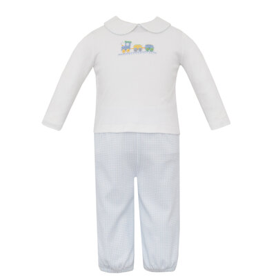 Petit Bebe Train Lt Blue Gingham Knit Pant Set