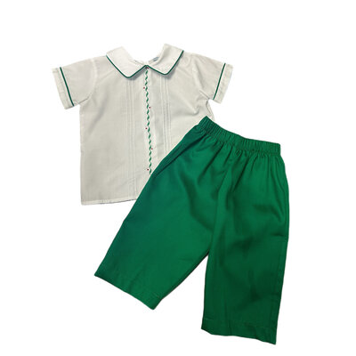 Lulu Bebe White Shirt w/ Ribbon Emb. and Green Pants Set