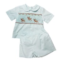 Lulu Bebe Lt Blue Reindeer Smocked Boy Short Set