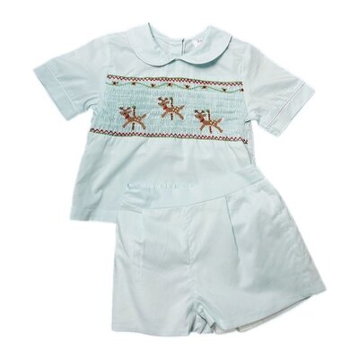 Lulu Bebe Lt Blue Reindeer Smocked Boy Short Set