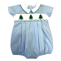 Lulu Bebe Green Christmas Tree Smocked Boy Pleated Bubble
