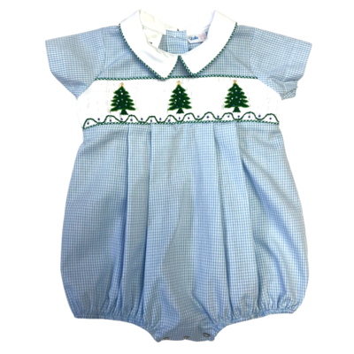 Lulu Bebe Green Christmas Tree Smocked Boy Pleated Bubble