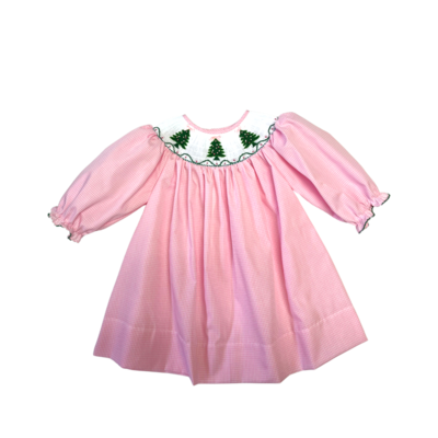 Lulu Bebe Green Christmas Tree Smocked L/S Bishop