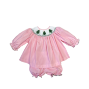 Lulu Bebe Green Christmas Tree Smocked L/S Bishop Bloomer Set