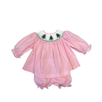 Lulu Bebe Green Christmas Tree Smocked L/S Bishop Bloomer Set