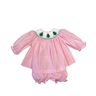 Lulu Bebe Green Christmas Tree Smocked L/S Bishop Bloomer Set