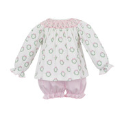 Petit Bebe Holiday Pink Wreath Printed Knit Bishop Bloomer Set