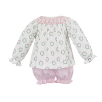 Petit Bebe Holiday Pink Wreath Printed Knit Bishop Bloomer Set