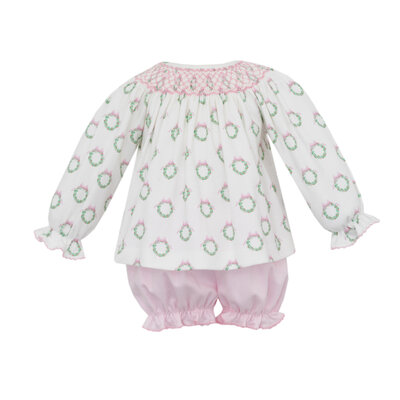 Petit Bebe Holiday Pink Wreath Printed Knit Bishop Bloomer Set