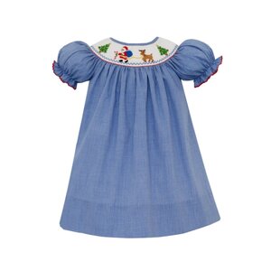 Petit Bebe Santa Claus w/ Reindeer Royal Blue Gingham SS Bishop