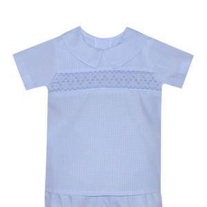Remember Nguyen Blue Williams Windowpane Smocked Short Set