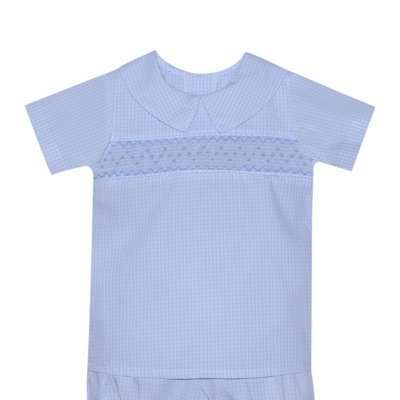 Remember Nguyen Blue Williams Windowpane Smocked Short Set