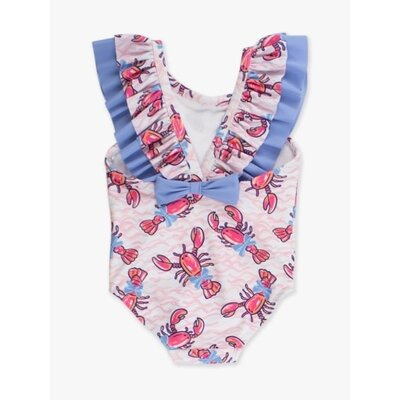 RuffleButts + RuggedButts Pink Lobster Lagoon Bow V-Back One Piece Swimsuit