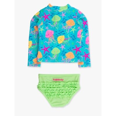 RuffleButts + RuggedButts Neon Jelly Time Long Sleeve Zipper Rash Guard 2-Piece