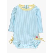 RuffleButts + RuggedButts Seersucker Long Sleeve One Piece Rash Guard Swimsuit, with Signature Rear Ruffles