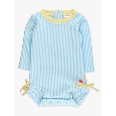 RuffleButts + RuggedButts Seersucker Long Sleeve One Piece Rash Guard Swimsuit, with Signature Rear Ruffles