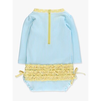 RuffleButts + RuggedButts Seersucker Long Sleeve One Piece Rash Guard Swimsuit, with Signature Rear Ruffles